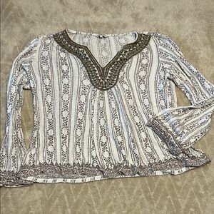 Lucky Brand Embroidered White and Brown Women's Top
